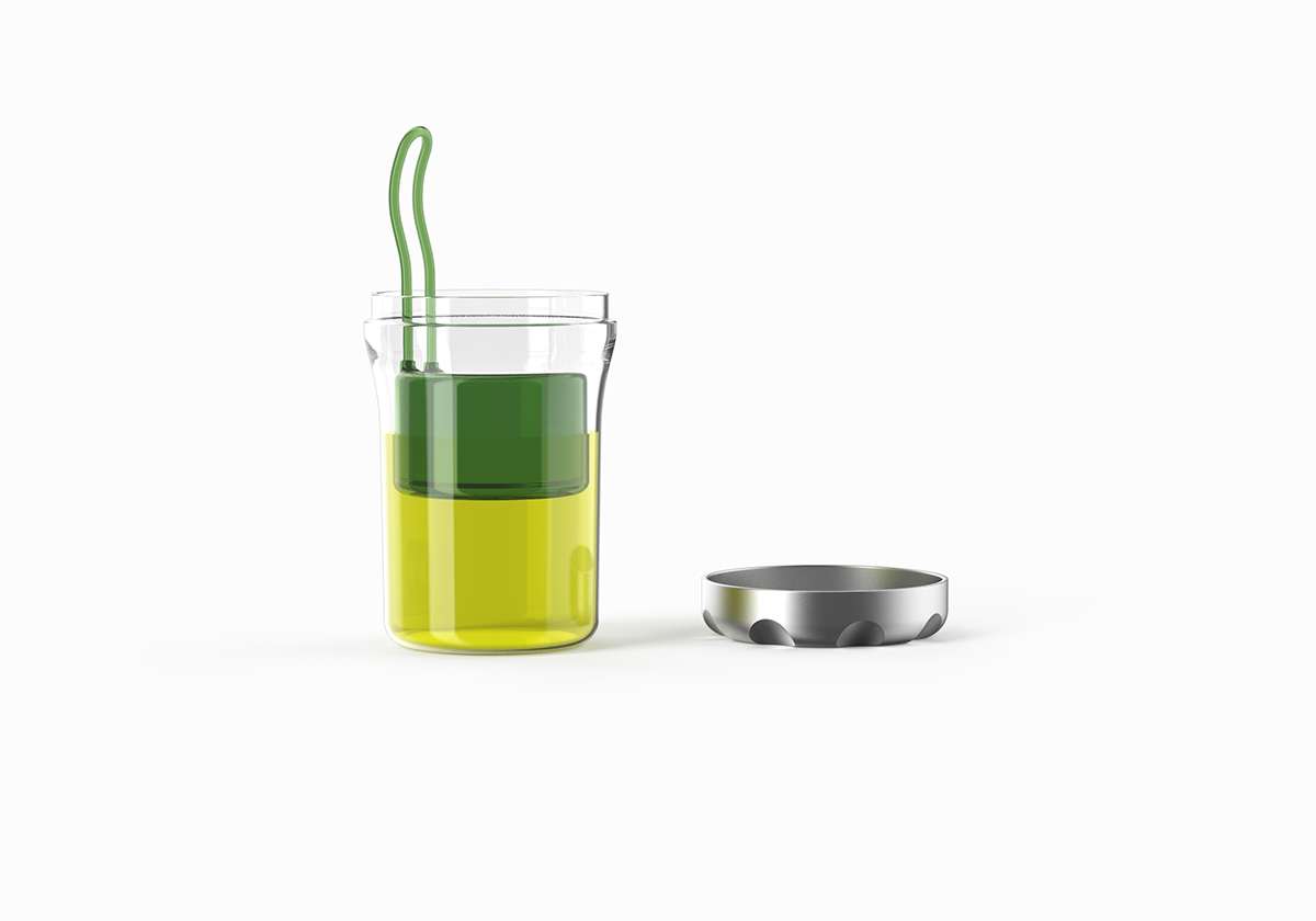 Packaging d'un pot à cornichon en plastique transparent ouvert sur fond blanc design Frédéric Sofia