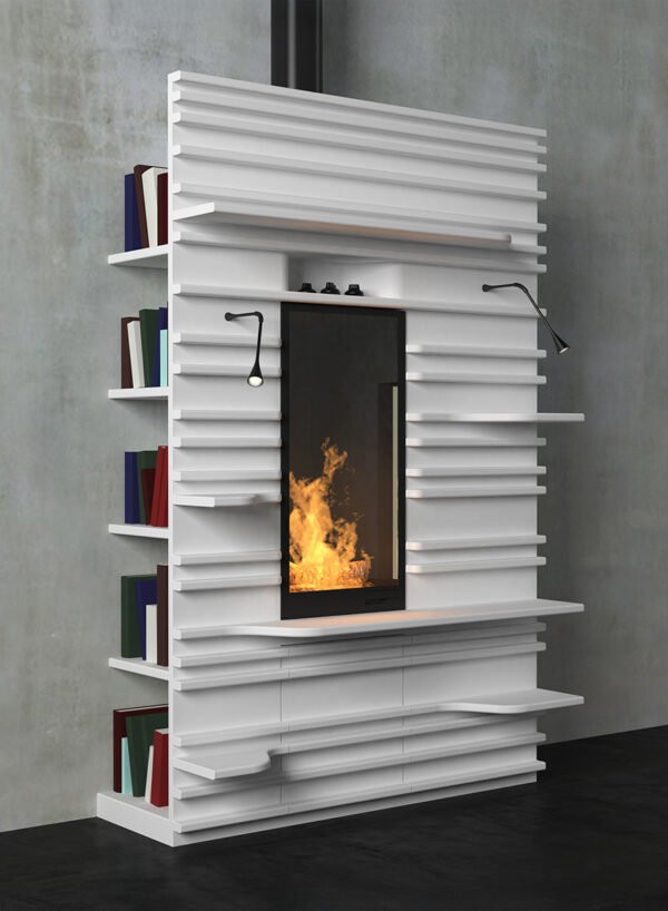 Cheminée Kyoto étagère, design Frédéric Sofia, Brisach 