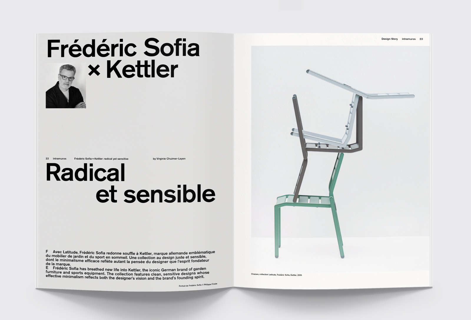 article du designer Frédéric Sofia dans le magazine Intramuros . Chaise outdoor Kettler