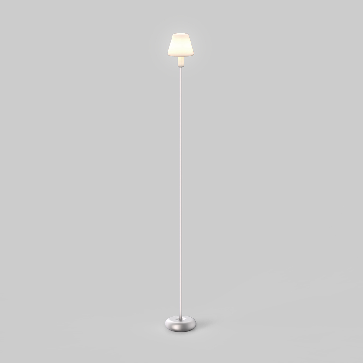 Lampe design en verre et aluminium allumée sur fond gris design Frédéric Sofia